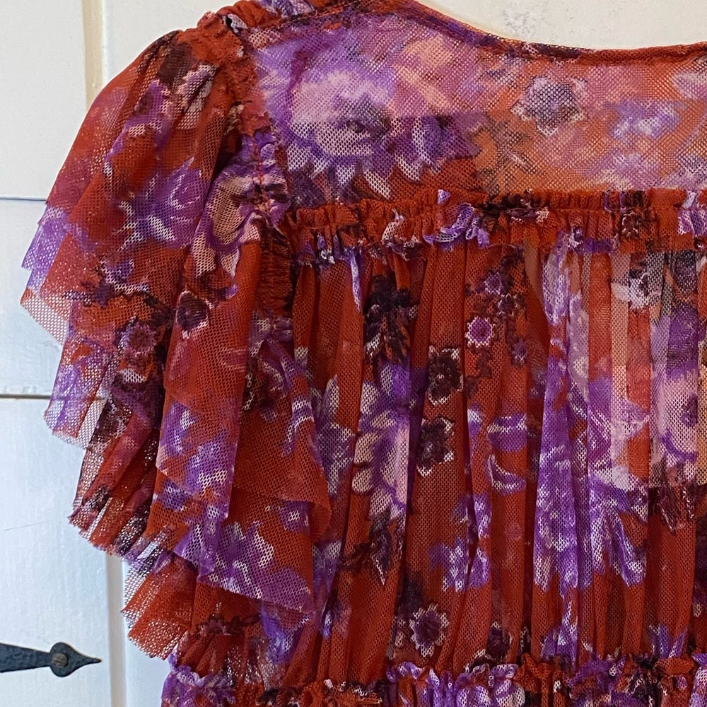 Free People | Mesh Raw Hem V-Neck Top with Layered Sleeves & Smocked Waist-M - Picture 5 of 8